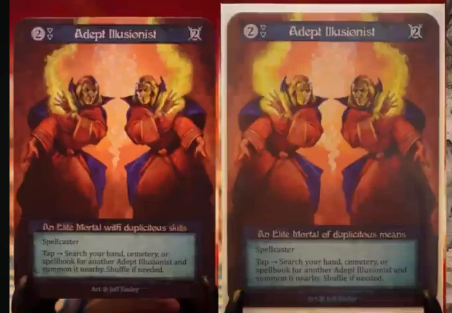 Adept Illusionist — regular vs Curio lado a lado, mostrando inversão da arte e mudança no texto