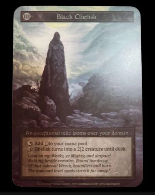 Black Obelisk Curio — texto 'Omnipotence' e símbolo não-Alpha