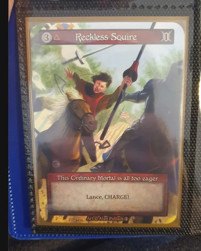 Reckless Squire Curio — 'Lance, CHARGE!' com keywords invertidas e CHARGE em caixa alta