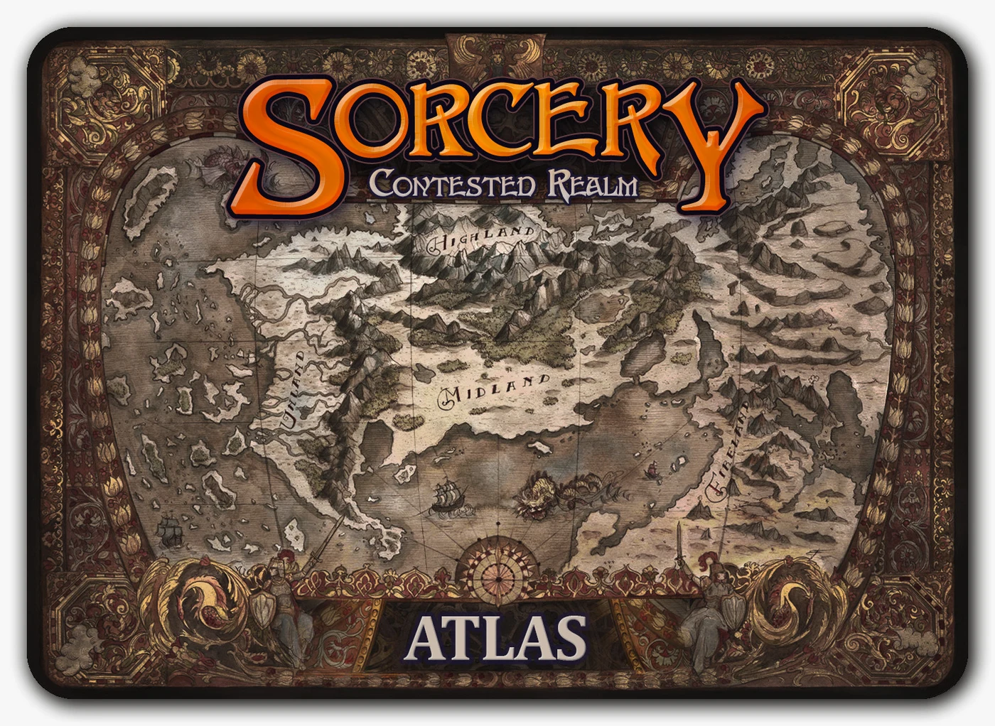 Sorcery Atlas — mapa oficial do realm mostrando as quatro regiões: Highland, Midland, Unland e Fireland