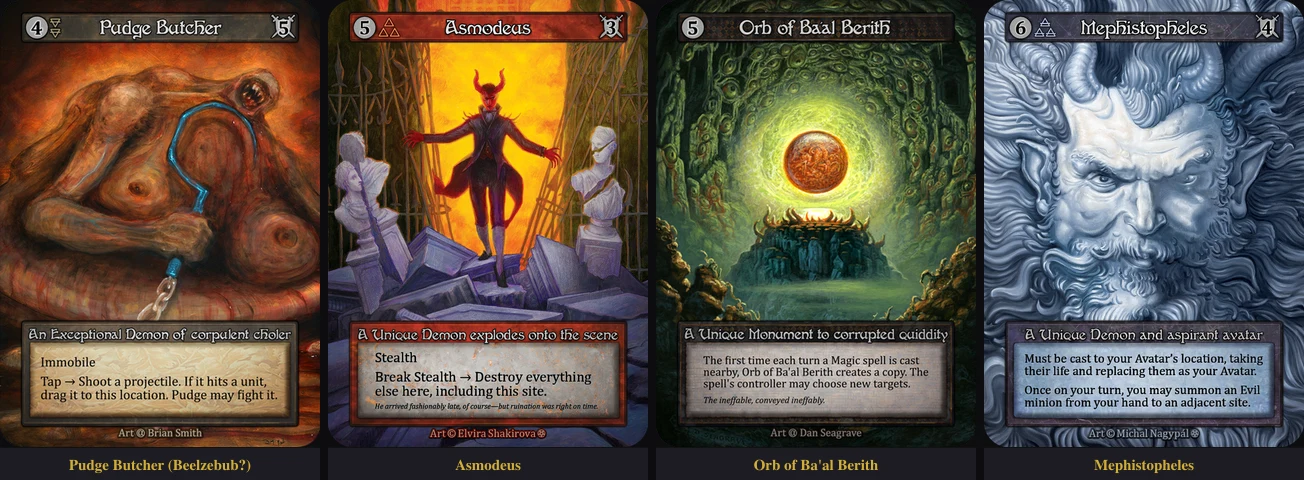 Hierarquia demoníaca nas cartas: Pudge Butcher (Beelzebub?), Asmodeus, Orb of Ba'al Berith e Mephistopheles