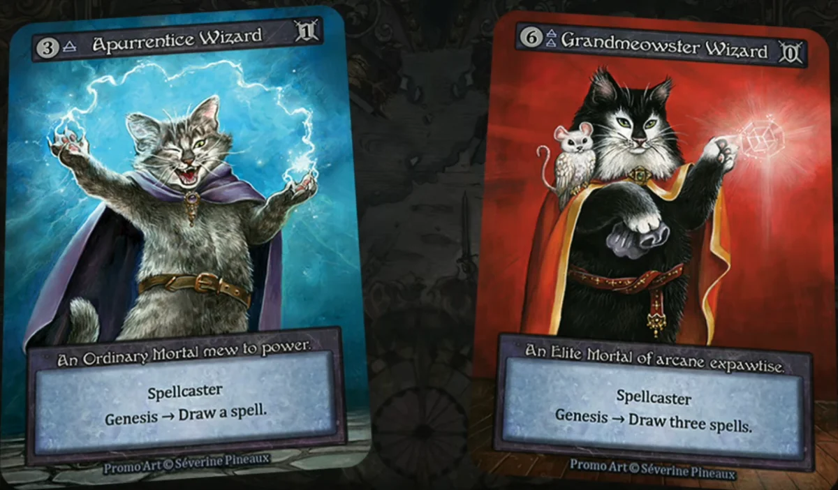 Appurrentice Wizard e Grandmeowster Wizard — duo de promos exclusivos do Welcome Store Kit, arte por Séverine Pineaux