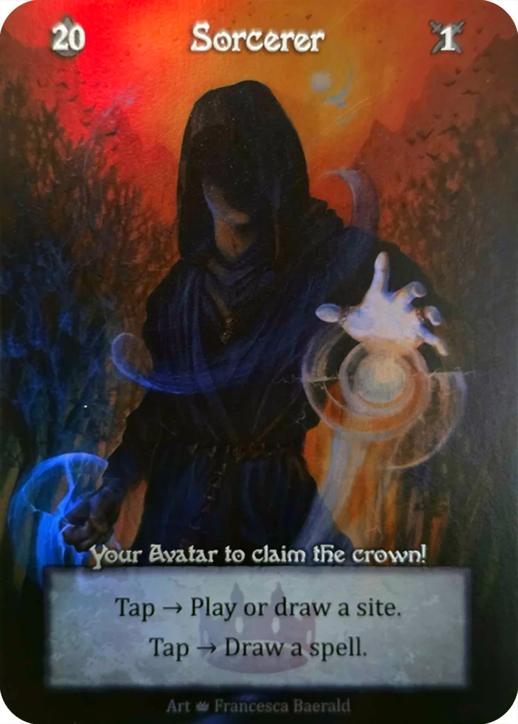 Crown Sorcerer — Sorcerer Avatar com 'Your Avatar to claim the crown!' e coroa marca-d'água no text box, arte por Francesca Baerald