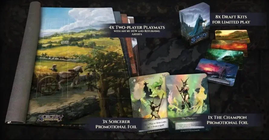 Conteúdo oficial do Social Play Store Kit AL: 4x playmats two-player, 8x draft kits, 3x Sorcerer Foil promocional, 1x The Champion foil promocional